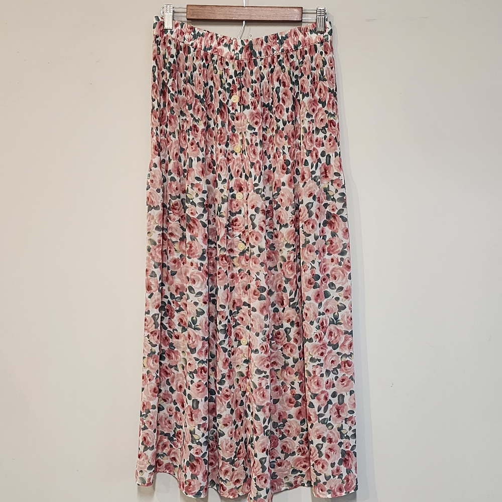 Express SHEER Watercolor Floral Pink  & Green Rose Maxi Skirt With Buttons.